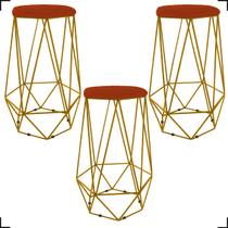 Kit 3 Banquetas Decorativas Para Sala Hexagonal Aramado Base Bronze/Dourada/Preta Suede Cores - Clique E Decore