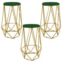 Kit 3 banquetas decorativas para sala hexágonal aramado base dourada suede verde - clique e decore