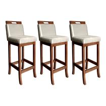 Kit 3 Banquetas Estofadas com Encosto Média Milão 94 Cm Madeira Maciça Suede Bege CCS