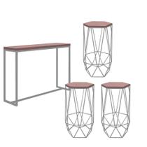 Kit 3 Banquetas Liz + 1 Mesa Bancada Mavie 150cm Industrial Ferro Cinza MDF Rosa - Ahazzo Móveis