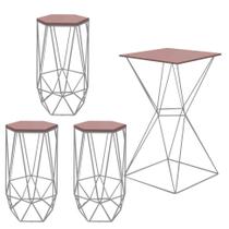 Kit 3 Banquetas Liz + 1 Mesa Bistrô Lucca Industrial Ferro Prata MDF Rosa - Ahazzo Móveis