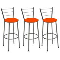 Kit 3 Banquetas Média Cromada Com Encosto Assento Laranja Kit 3 Banquetas Média Cromada Com Encosto Assento Laranja