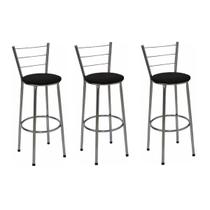Kit 3 Banquetas Média Cromada Com Encosto Assento Preto