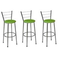 Kit 3 Banquetas Média Cromada Com Encosto Assento Verde Kit 3 Banquetas Média Cromada Com Encosto Assento Verde