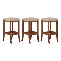 Kit 3 Banquetas Média Estofada Barcelona 38x64Cm Bancada Madeira Maciça Castanho Suede Bege - CCS Kit 3 Banquetas Média Estofada Barcelona 38x64Cm Bancada Madeira Maciça Castanho Suede Bege - CCS