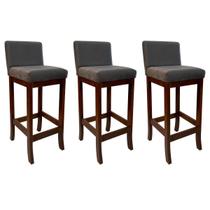 Kit 3 Banquetas Média Estofada de Madeira Castanho Melody Suede Cinza