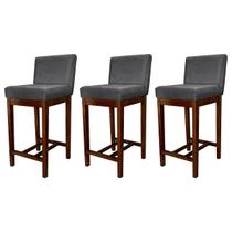 Kit 3 Banquetas Média Estofadas Lisboa Madeira Capuccino Suede Cinza CCS