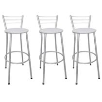 Kit 3 Banquetas Médias Prata com Encosto Assento Branco Kit 3 Banquetas Médias Prata com Encosto Assento Branco