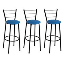 Kit 3 Banquetas Médias Preta com Encosto Assento Azul Kit 3 Banquetas Médias Preta com Encosto Assento Azul