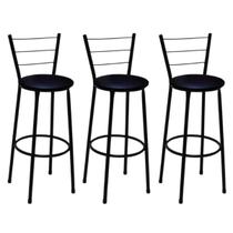 Kit 3 Banquetas Médias Preta com Encosto Assento Preto Kit 3 Banquetas Médias Preta com Encosto Assento Preto