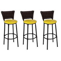 Kit 3 Banquetas Médias Preta com Encosto Junco Argila Assento Amarelo Kit 3 Banquetas Médias Preta com Encosto Junco Argila Assento Amarelo