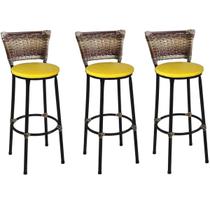 Kit 3 Banquetas Médias Preta com Encosto Junco Capuccino Assento Amarelo Kit 3 Banquetas Médias Preta com Encosto Junco Capuccino Assento Amarelo