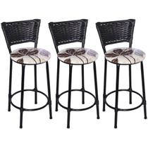 Kit 3 Banquetas Médias Preta com Encosto Junco Preto Assento Floral Marrom Kit 3 Banquetas Médias Preta com Encosto Junco Preto Assento Floral Marrom