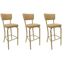 Kit 3 Banquetas Olivia - Altura 65cm para Bar e Cozinha Dourado Fosco com Assento Confortável cor Bege Encosto Estofado