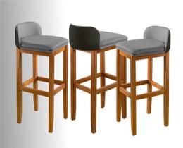 Kit 3 Banquetas Ônix pés Madeira Assento Estofado detalhe em Preto Cozinha Bancada