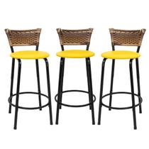 Kit 3 Banquetas Para Balcão 60cm Preta Junco Cappuccino Balcão Bistrô Bar Cozinha Americana Área de Lazer Churrasqueira