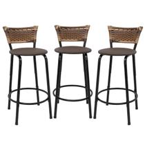 Kit 3 Banquetas Para Balcão 60cm Preta Junco Cappuccino Balcão Bistrô Bar Cozinha Americana Área de Lazer Churrasqueira