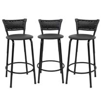 Kit 3 Banquetas Para Bancada 60cm Preta Junco Preto Balcão Ilha Bistrô Bar Cozinha Gourmet Área de Lazer Piscina