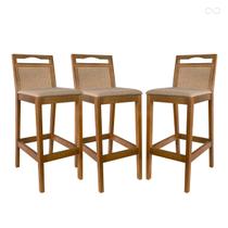 Kit 3 Banquetas para Bancada Alta Estofada Valência Rattan em Madeira Amêndoa Linho Bege CCS