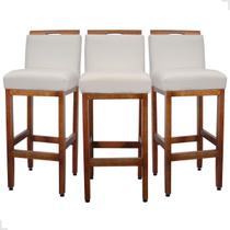 Kit 3 Banquetas Para Cozinha De Madeira Maciça Estofada Com Encosto Para Bancada Americana E Área Gourmet