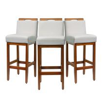 Kit 3 Banquetas Para Cozinha De Madeira Maciça Estofada Com Encosto Para Bancada Americana E Área Gourmet
