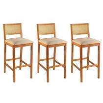 Kit 3 Banquetas Rattan com Pés em Madeira Maciça Ariel