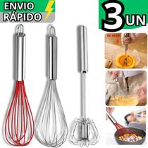 Kit 3 Batedor de Ovos Batedor Silicone Batedor Inox Mixer Semi Automático Claras Gema Chantilly