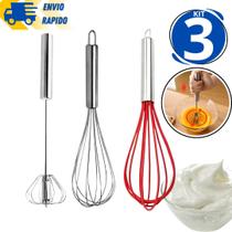Kit 3 Batedor de Ovos Batedor Silicone Batedor Inox Mixer Semi Automático Claras Gema Chantilly