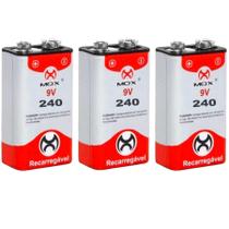 Kit 3 Bateria Recarregável 9v Mox 240mAh p/ Microfone e Brinquedos