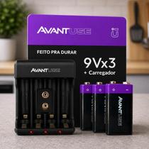 Kit 3 Baterias 9V Recarregável + Carregador Rápido Bivolt 408261012-3-9V Avant Use