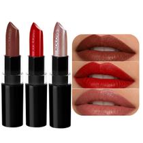 Kit 3 Batom Marrom Vermelho Rosê Cremoso Cintilante Lipstick Koloss 3,5g