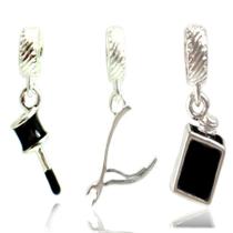 Kit 3 Berloque Alicate Esmalte Pincel Manicure Prata 925