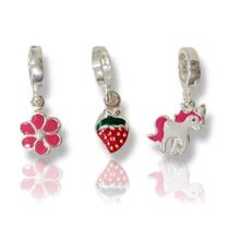 Kit 3 Berloques Infantil Flor Unicórnio Morango Prata Legítima