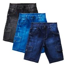 Kit 3 Bermuda Cargo Jeans Masculina Com Lycra Trabalhada