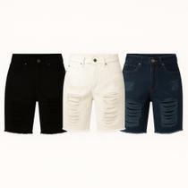KIT 3 Bermuda Masculina Jeans Moda Verão Shorts Jeans Destroyed rasgada Desfiado