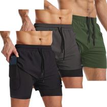 Kit 3 Bermuda Shorts 2 em 1 Masculino Academia Dryfit Elastano Treino Esporte