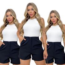 Kit 3 Bermudas Em Alfaiataria Básico Feminino Casual Com Bolsos Zíper Frontal