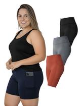 Kit 3 Bermudas Fitness Bolso Lateral Cores Sortidas Plus Size Cor:ColoridoTamanho:G1