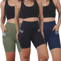 Kit 3 Bermudas Fitness Poliamida Com Bolso