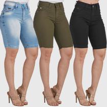 Kit 3 Bermudas HNO Jeans Ciclista Verde Musgo-Azul-Preta Kit 3 Bermudas HNO Jeans Ciclista Verde Musgo-Azul-Preta