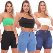 Kit 3 Bermudas Jeans Feminina Cintura Alta Ciclista Com Lycra