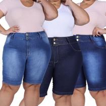 Kit 3 Bermudas Jeans Feminina Plus Size Cintura Alta Com Lycra Elastano Envio Rápido