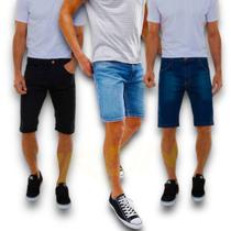 Kit 3 BERMUDAS JEANS LISA Masculinas Casual Elastano Short Slim Preta Azul Azul Claro 436