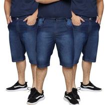 Kit 3 Bermudas Jeans Masculina Lycra Elastano Tradicional Slim Premium Algodão 48 Ao 56