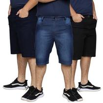 Kit 3 Bermudas Jeans Masculina Tradicional Slim Elastano Algodão Premium