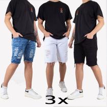 Kit 3 Bermudas Masculina Jeans Rasgada Short Sarja Destroyed