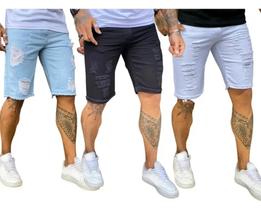 Kit 3 Bermudas Masculinas Jeans Claro, Branca e Preta Rasgadas Cores Variadas Destroyed