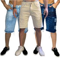 kit 3 bermudas rasgadas masculinas botão jeans