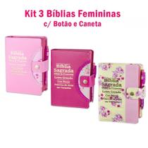 Kit 3 Bíblias Letra Grande Feminina com Harpa - Botão e Caneta - Edição de Promessas