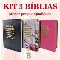 Kit 3 Bíblias Letra Grande - Luxo - Variadas com Harpa - 11x18cm